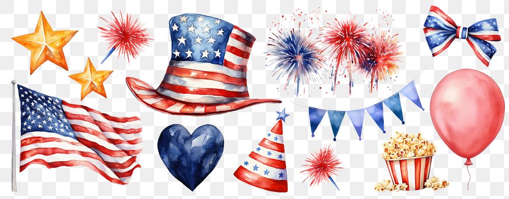 PNG 4th of july watercolor set, transparent background