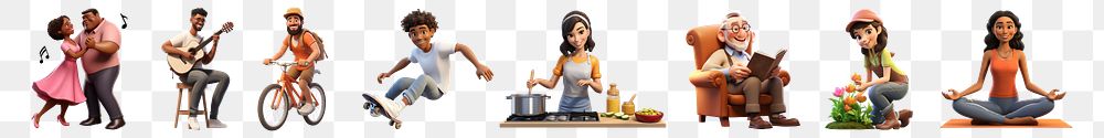 3d character with hobby png cut out element set, transparent background