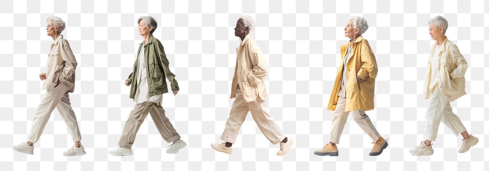 Walking senior people full body png cut out element set, transparent background