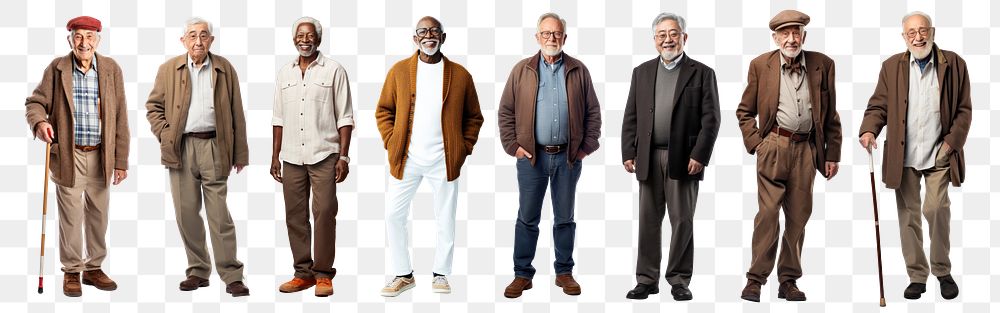 PNG Diverse elderly men standing together, isolated element set, transparent background