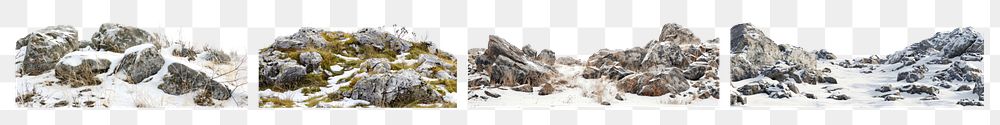 PNG Snowy rocky mountain landscape panorama, isolated element set, transparent background