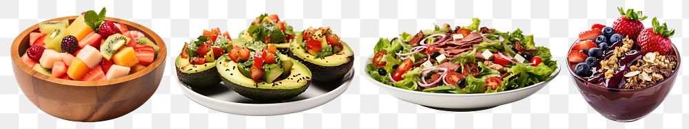 PNG Colorful healthy fresh delicious meals, isolated element set, transparent background