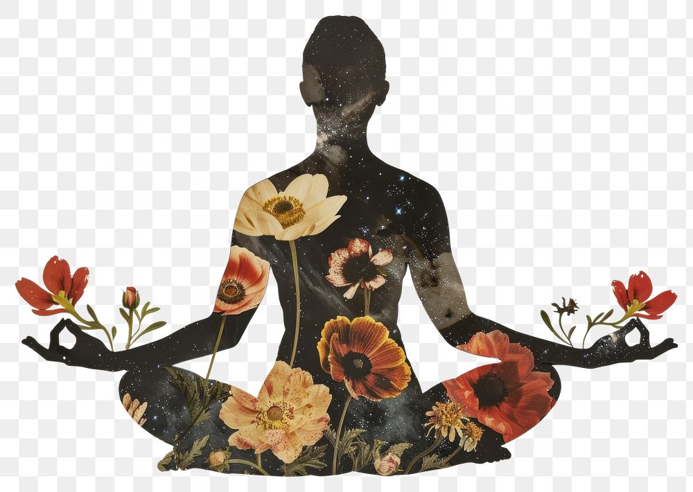 PNG Silhouette woman doing meditation flower painting graphics.