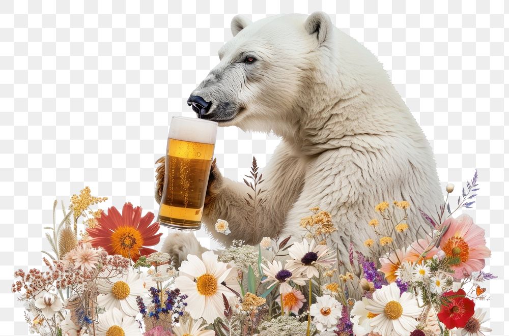 PNG Polar bear holding beer flower beverage wildlife.