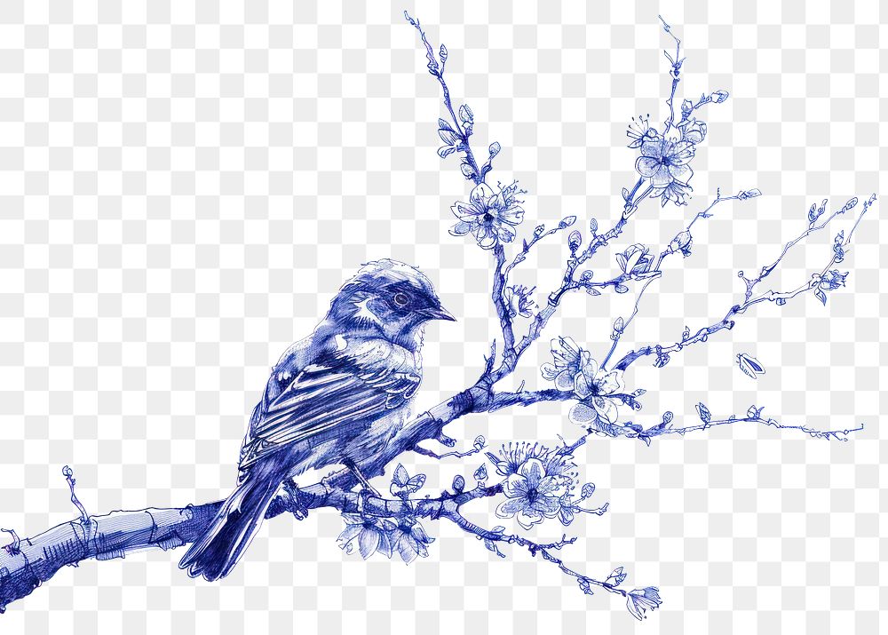 PNG Vintage drawing bird on sakura tree illustrated chandelier sparrow.