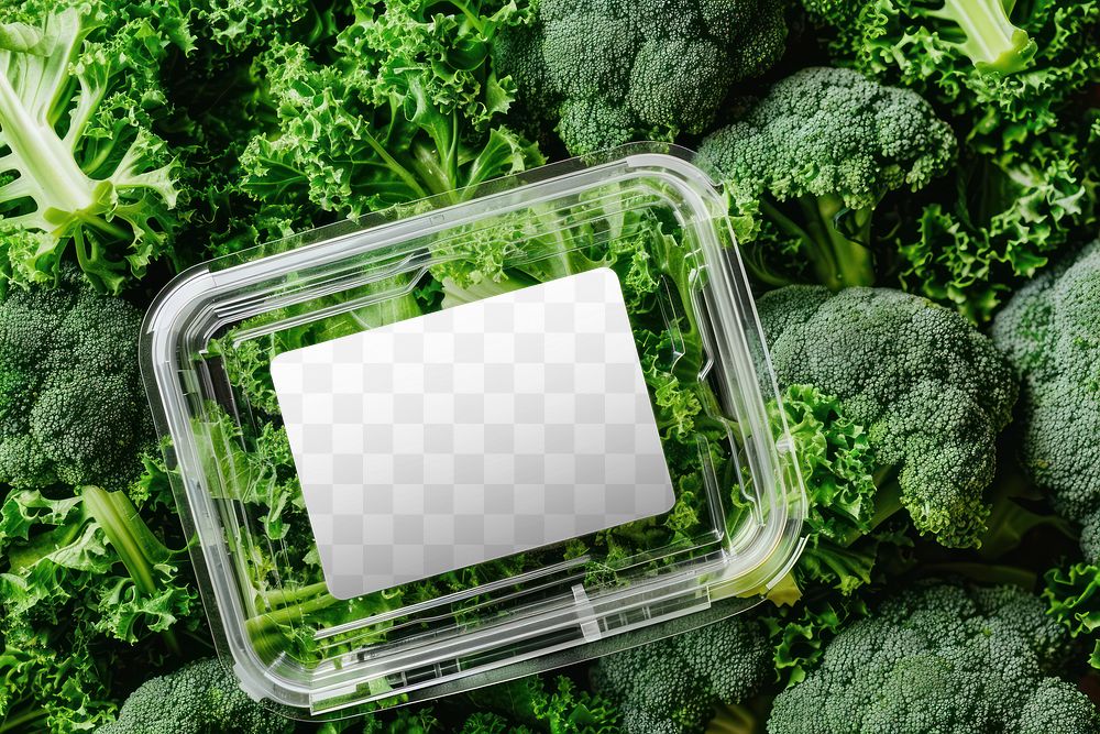 PNG vegetable plastic box label mockup, transparent design