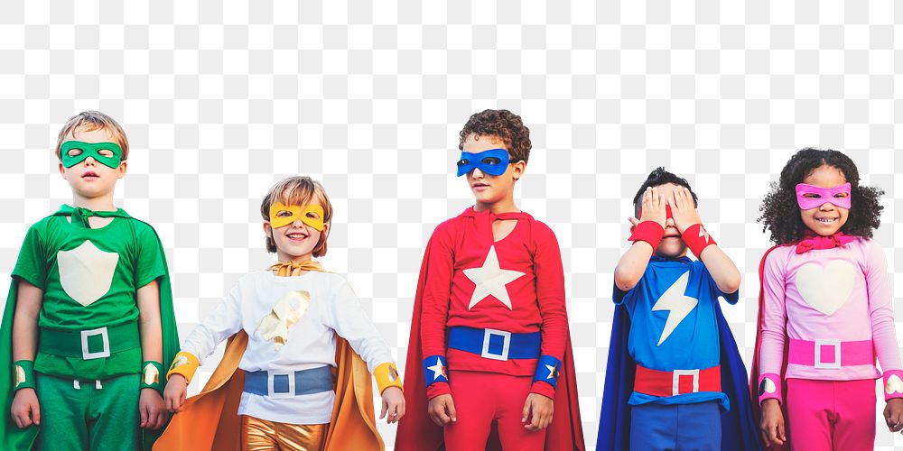 Group of superhero kids in costumes