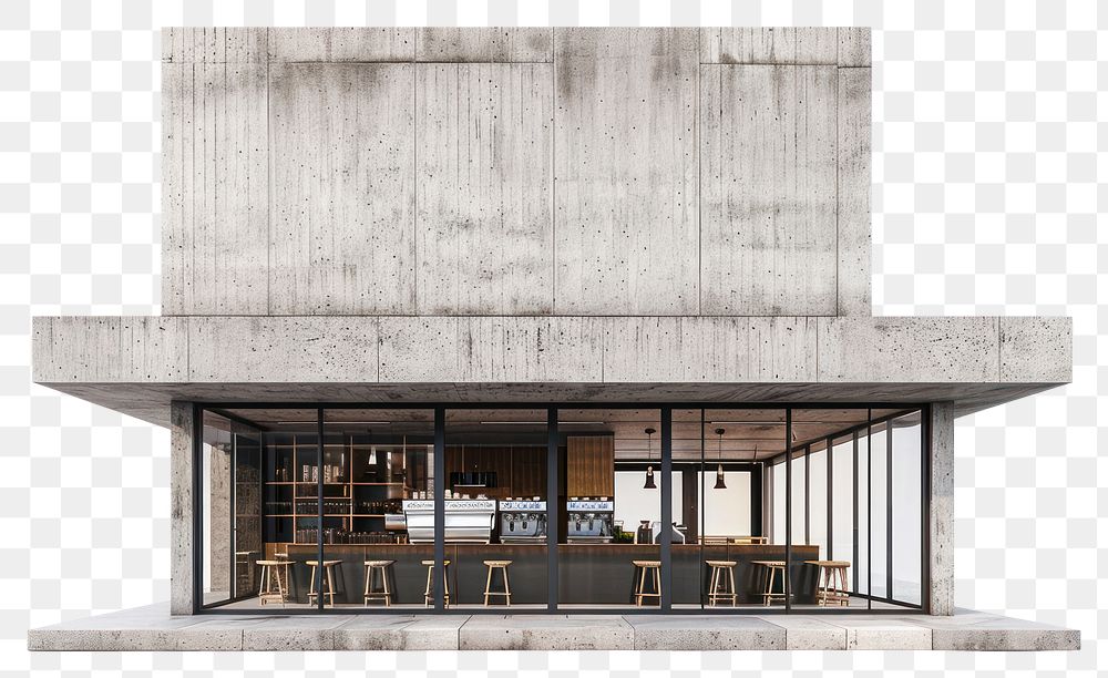 PNG Brutalism coffee shop architecture building furniture.