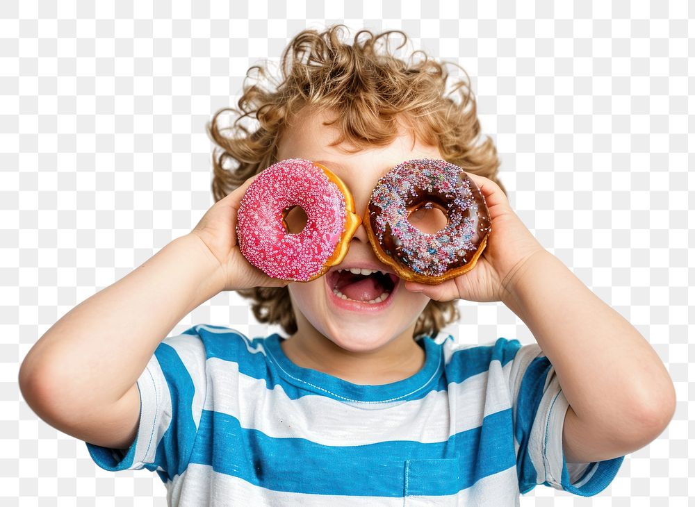 PNG Child holds donuts as two eyes food person human.