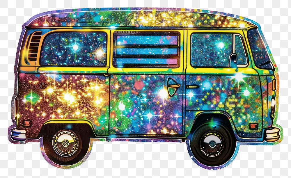 PNG Glitter hippy van flat sticker transportation automobile vehicle.