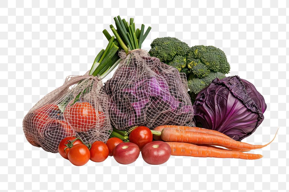 PNG Vegetables in net bags produce food.