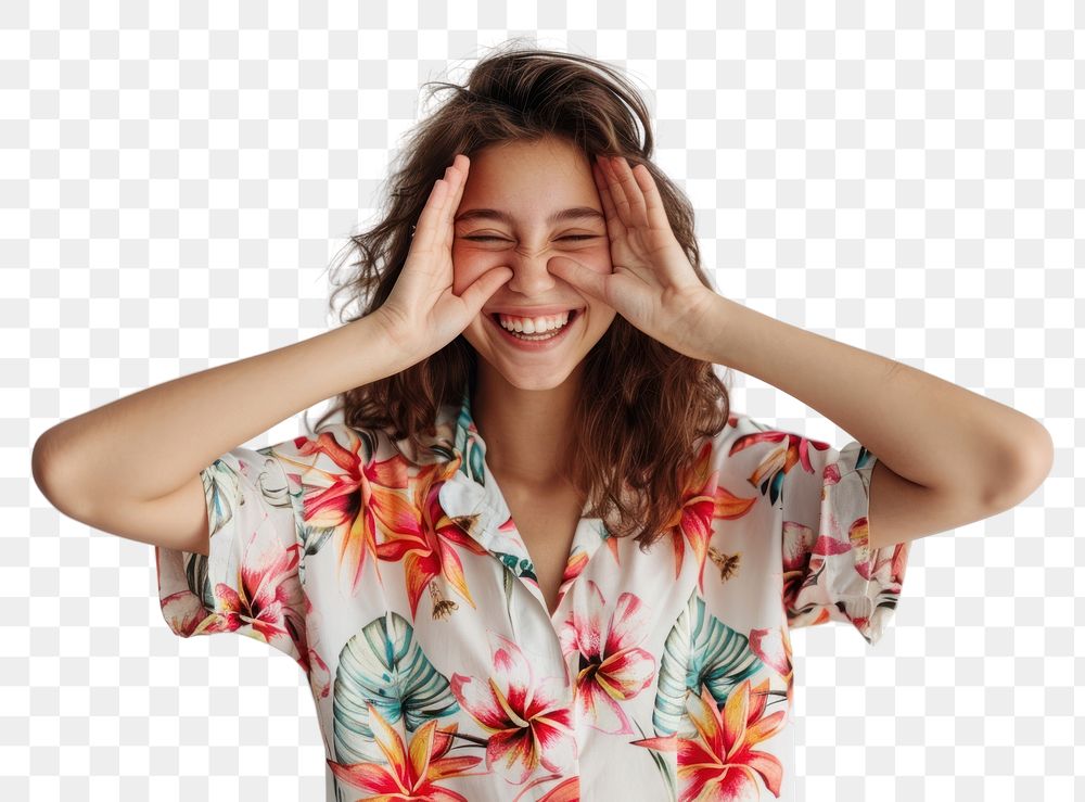 PNG Young female covering eyes with hands smiling cheerful and funny laughing person human.