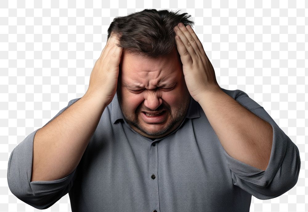 PNG Stressed man fat head worried person.