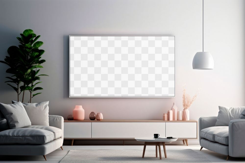PNG living room TV screen mockup, transparent design