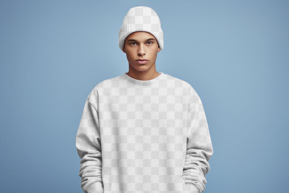 PNG men's sweater & beanie mockup, transparent design