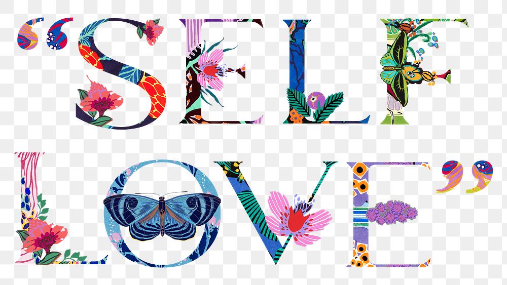 Self love word png in Seguy Papillons art, transparent background