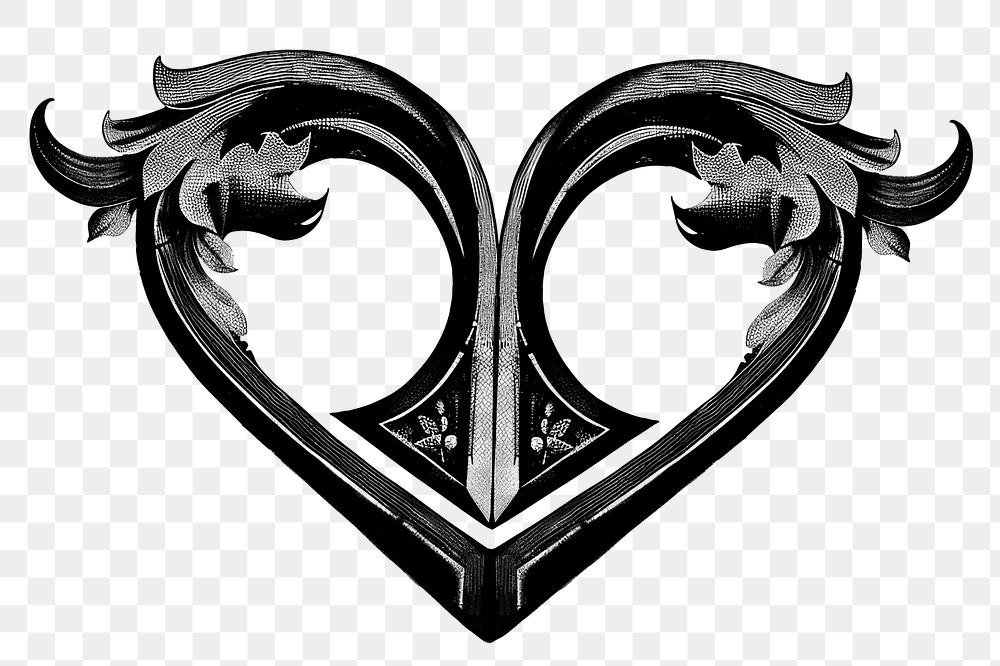 Black heart png medieval ornament, transparent background