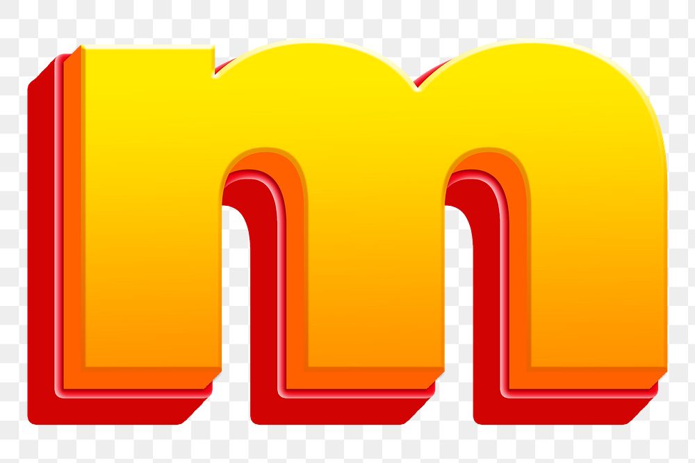 Letter m png 3D yellow layer font, transparent background