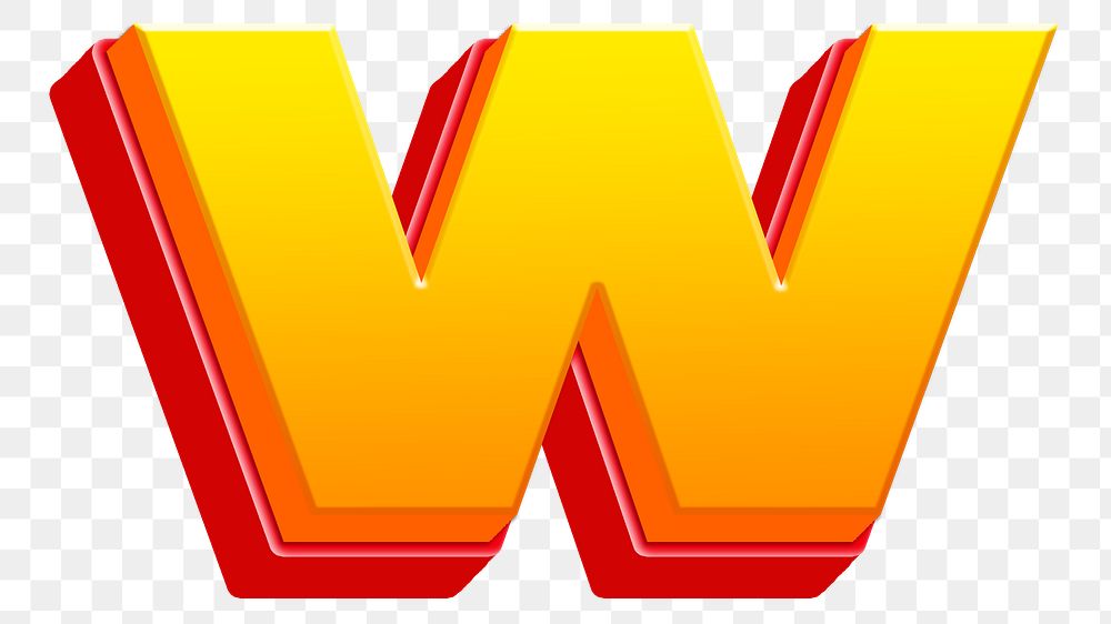 Letter w png 3D yellow layer font, transparent background