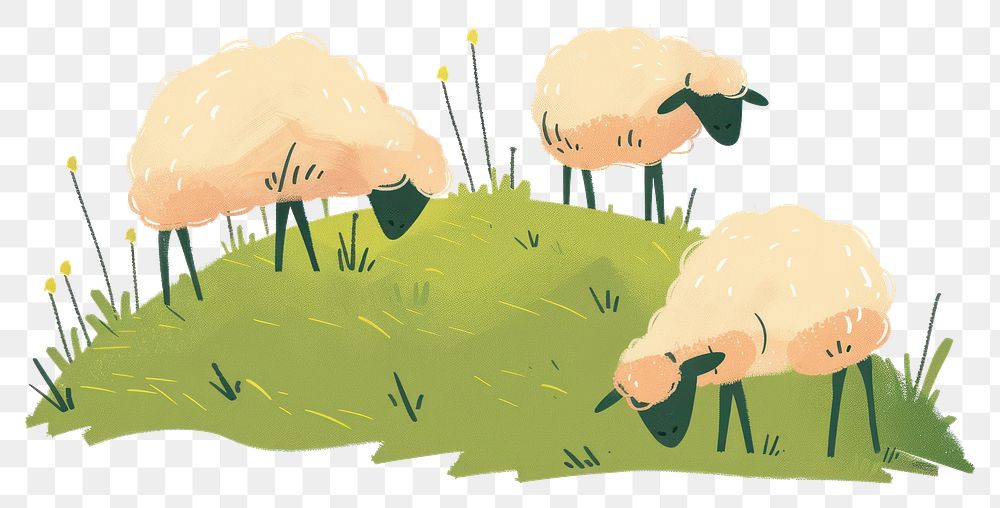 PNG Sheep graze in a grassy hillside flat illustration art illustrated grassland.