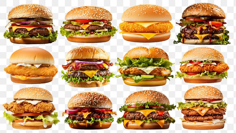 PNG burger fast food element set, transparent background