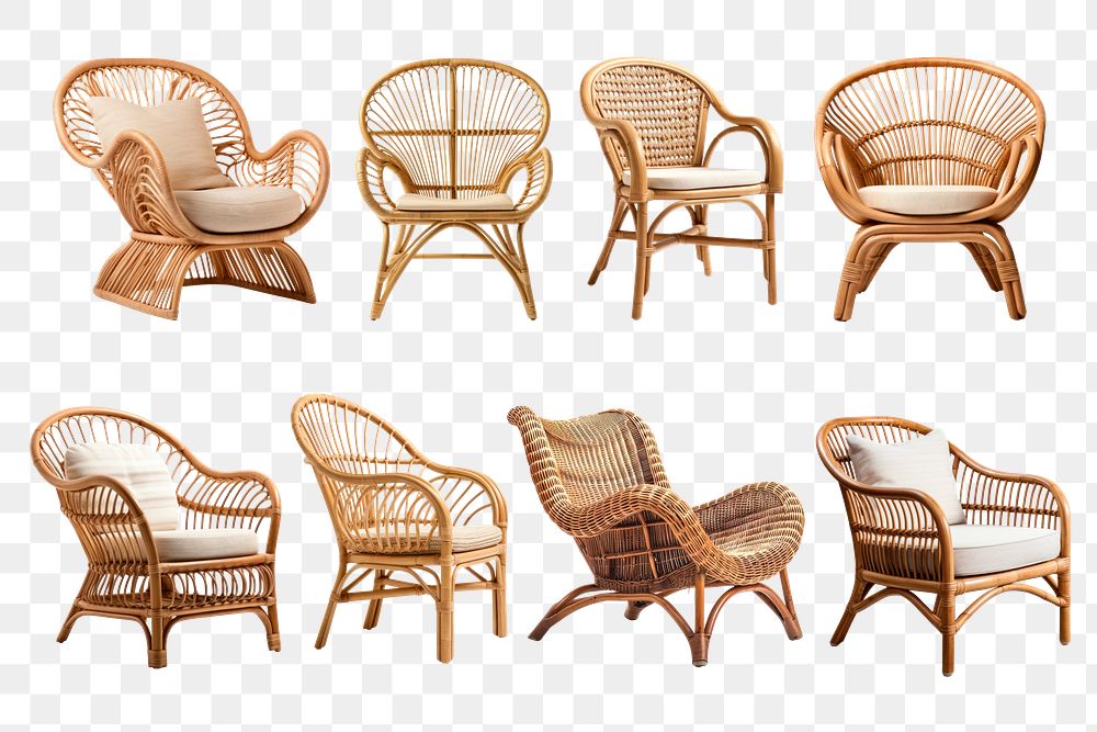 Rattan chair png element set, transparent background