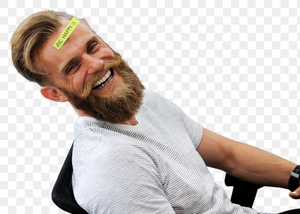 Man png be happy note on forehead, transparent background