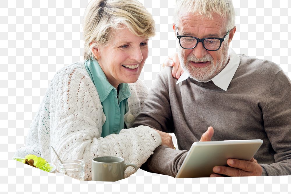 PNG senior couple using a tablet, transparent background
