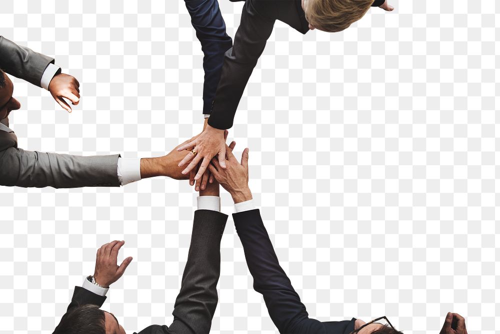PNG diverse business people stacking hands together, transparent background