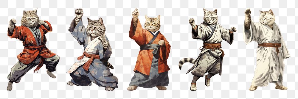 Digital paint japan fighter cats png cut out element set