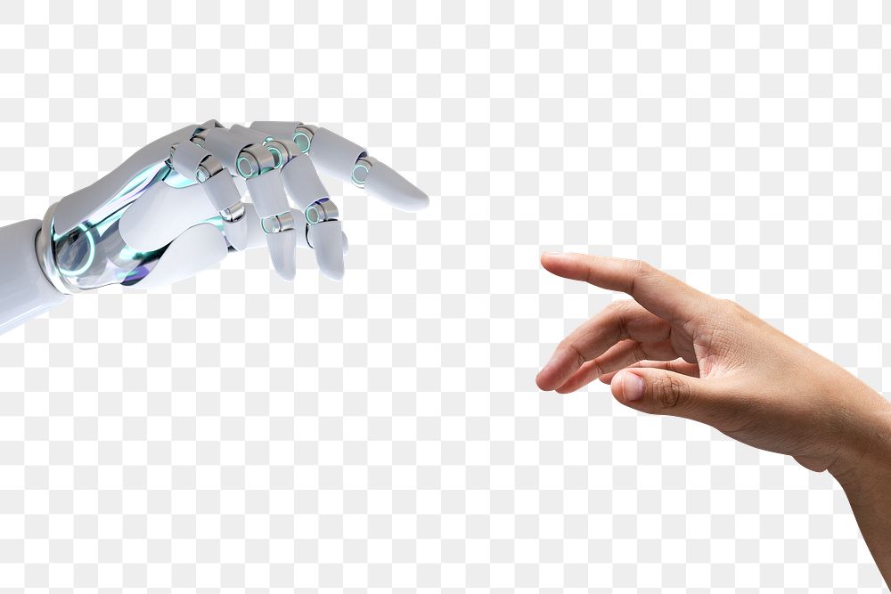 PNG robot touching human finger, transparent background