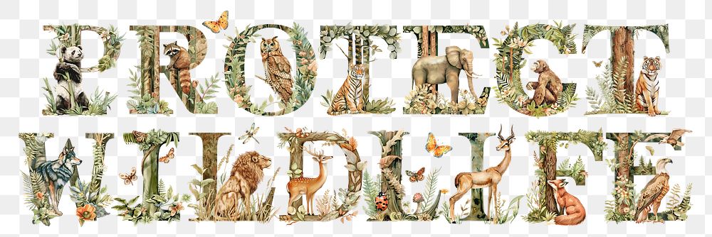 Protect wildlife word sticker png element, editable  botanical animal font design