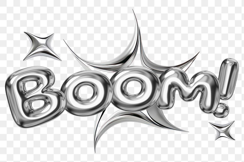 Boom word sticker png element, editable fluid chrome font design