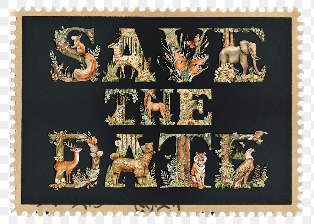 Save the date word sticker png element, editable botanical animal font design