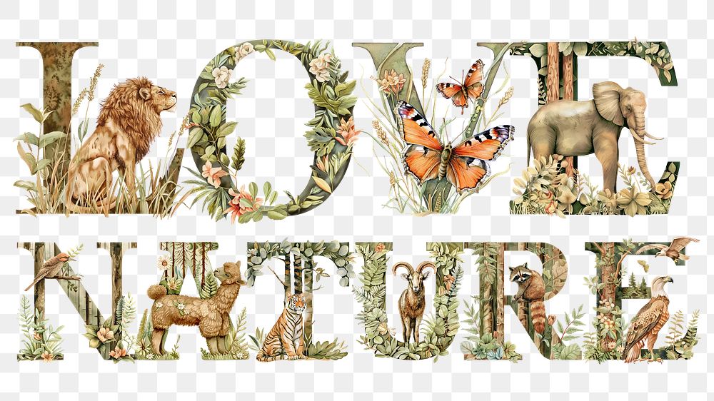Love nature word sticker png element, editable botanical animal font design