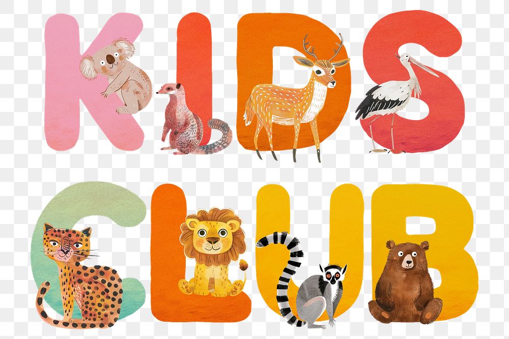 Kid club word sticker png element, editable  animal zoo font design