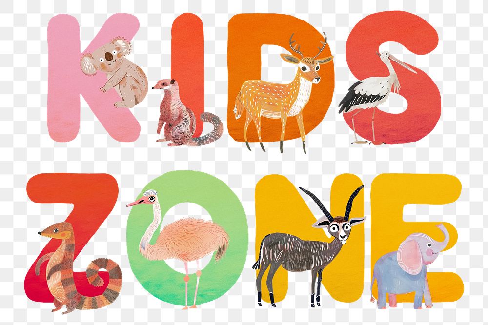 Kids zone word sticker png element, editable  animal zoo font design