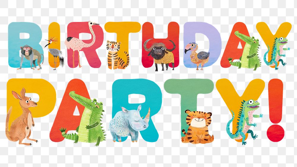 Birthday party word sticker png element, editable animal zoo font design 