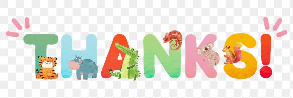 Thanks word sticker png element, editable animal zoo font design 
