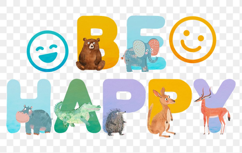 Be happy word sticker png element, editable animal zoo font design 