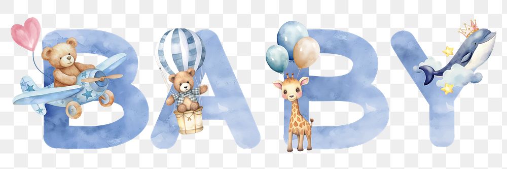 Baby word sticker png element, editable  blue watercolor design