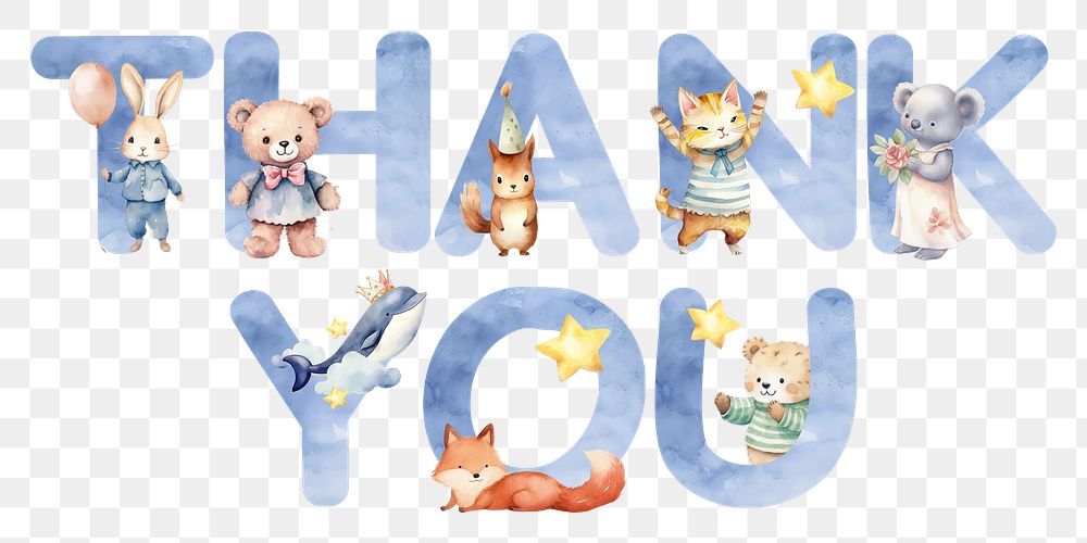 Thank you word sticker png element, editable  blue watercolor design