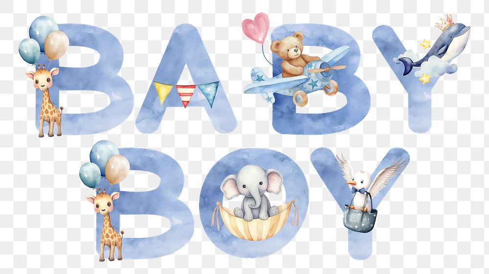 Baby boy word sticker png element, editable  blue watercolor design