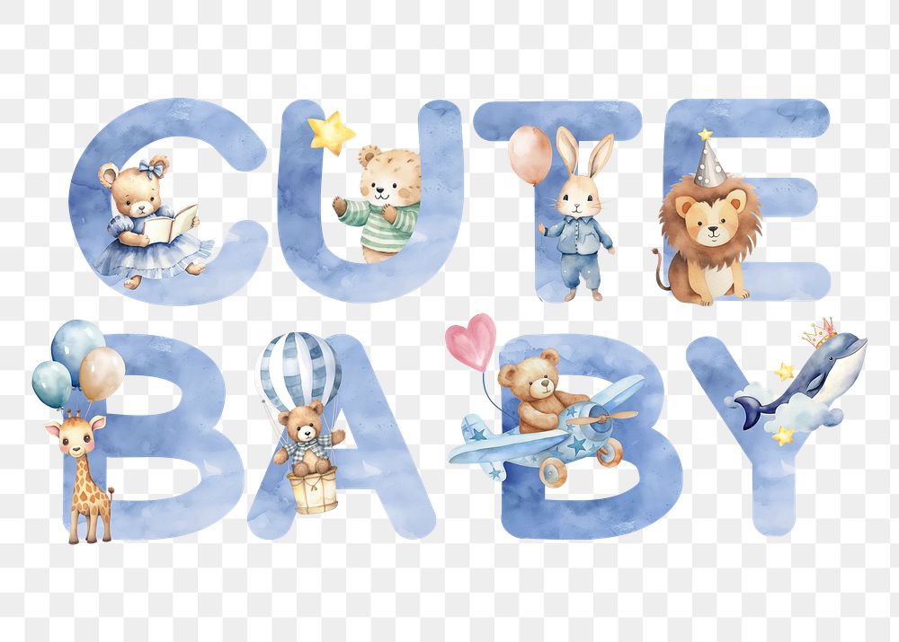 Cute baby word sticker png element, editable  blue watercolor design