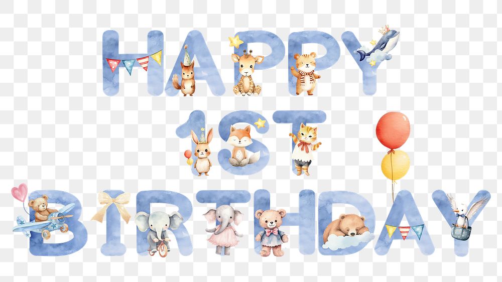 Happy 1st birthday word sticker png element, editable  blue watercolor design