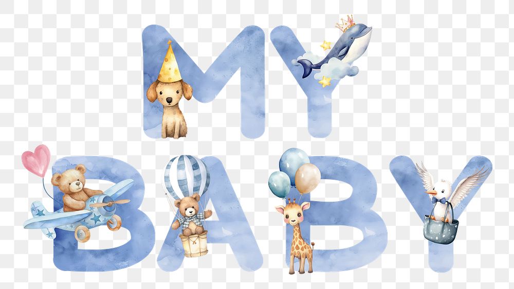 My baby word sticker png element, editable  blue watercolor design