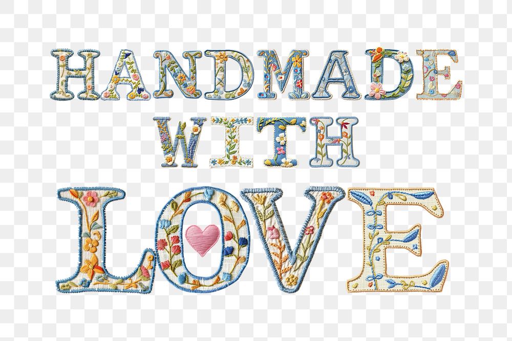 Handmade with love word png embroidery font, transparent background