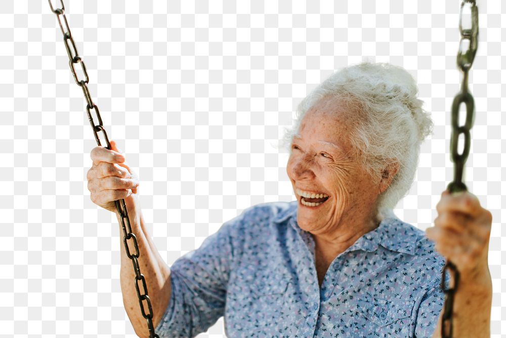 PNG happy old woman on swing, transparent background