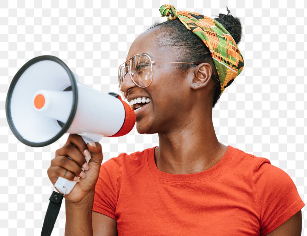 PNG black woman with megaphone, transparent background