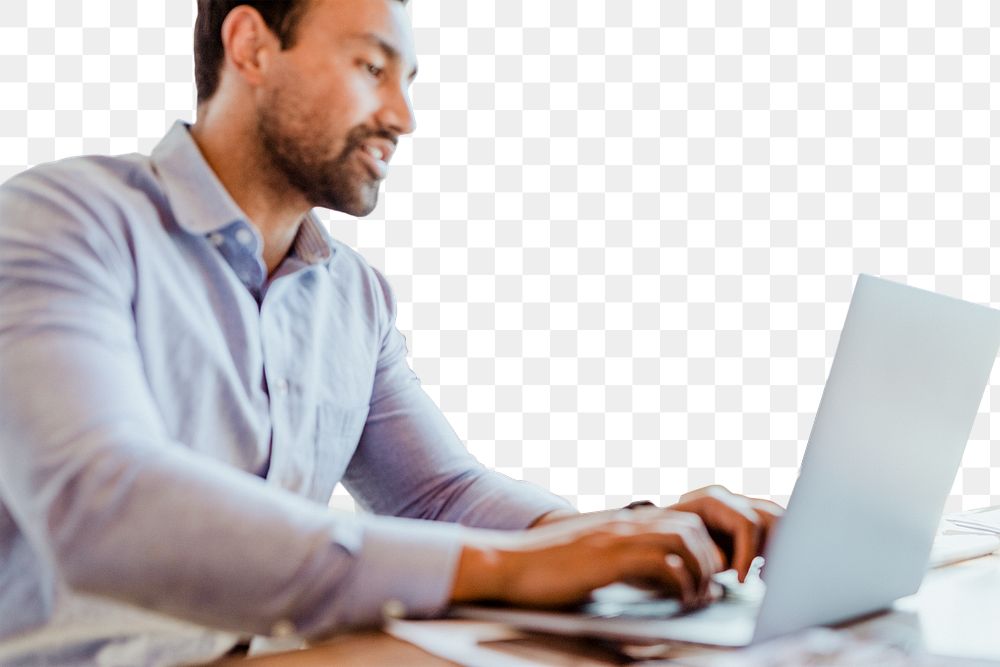 PNG businessman working on laptop, transparent background